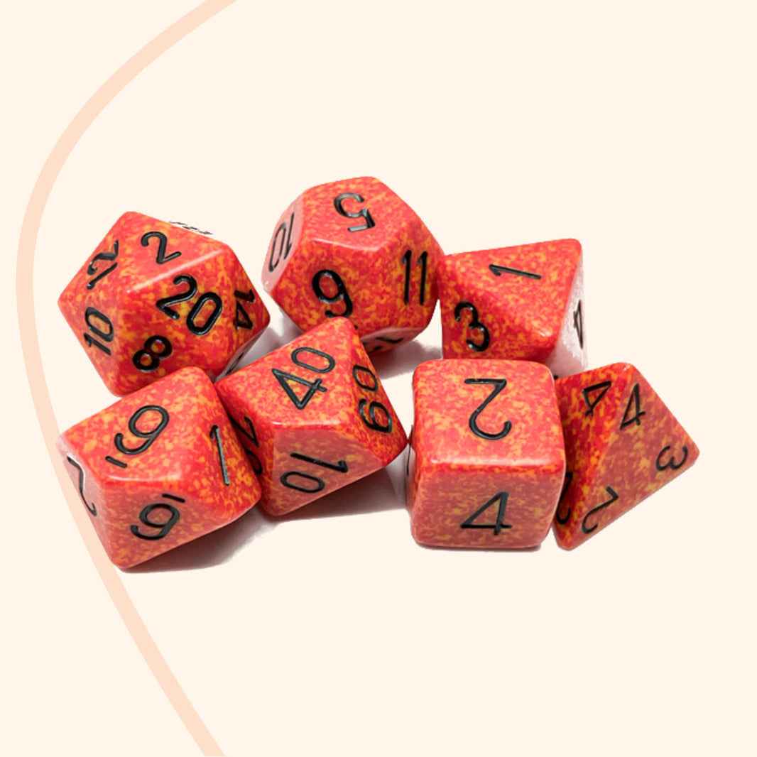 Chessex opaque set 7 polyhedral dobbelstenen Vuur effect, rood zwart
