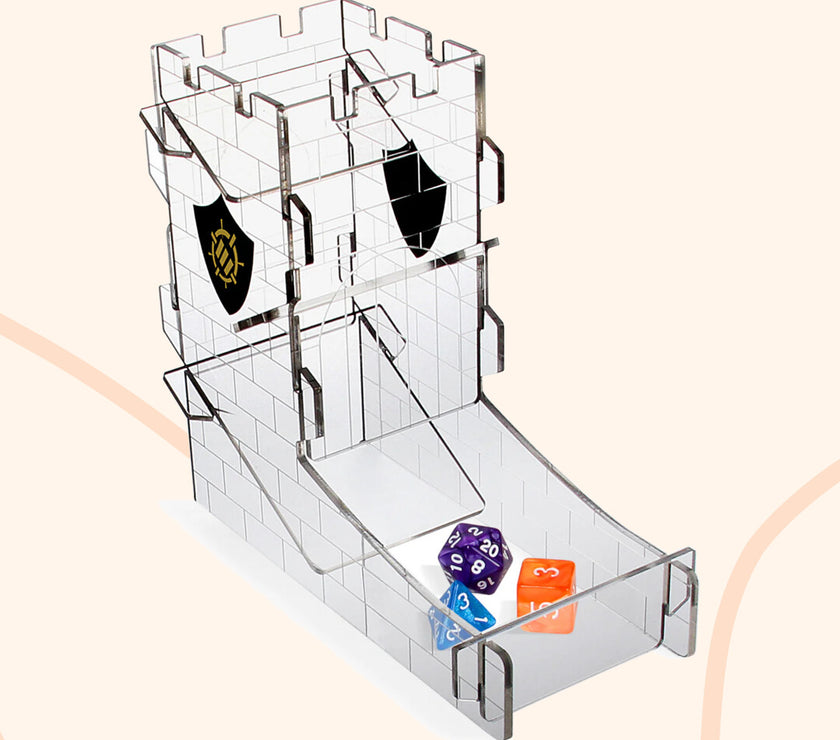 Dice Tower, transparant, met dobbelstenen