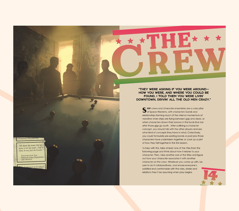 Orbital Blues, example page, The crew