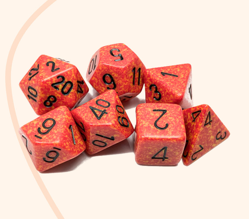 Chessex opaque set 7 polyhedral dobbelstenen Vuur effect, rood zwart