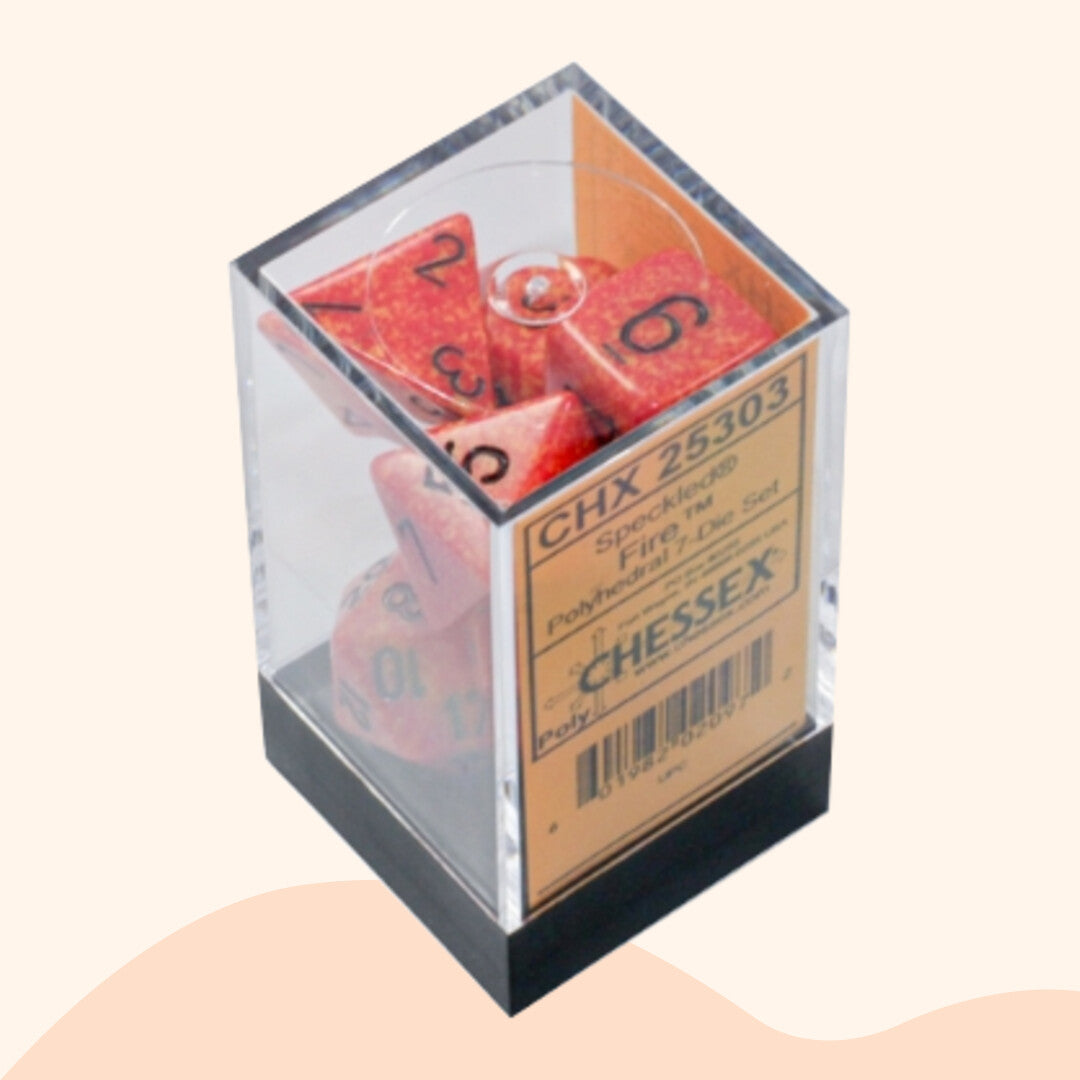 Chessex opaque set 7 polyhedral dobbelstenen, vuur effect, rood zwart, doos