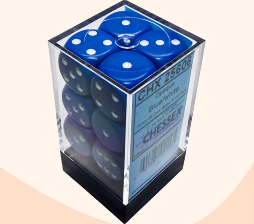 Chessex opaque set d6 dobbelstenen, blauw wit doos
