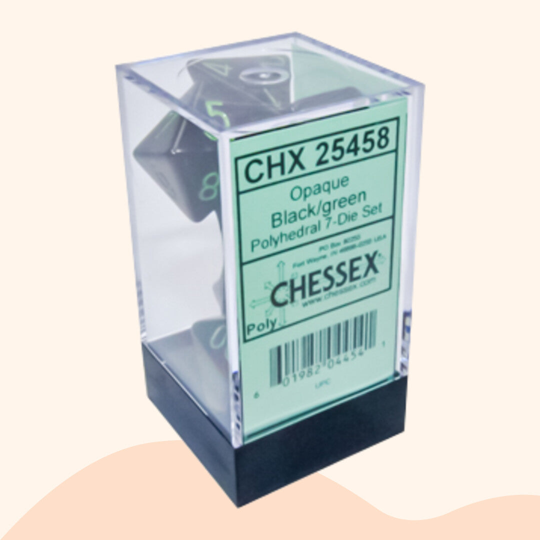 Chessex opaque set 7 polyhedral dobbelstenen, zwart groen, in doos