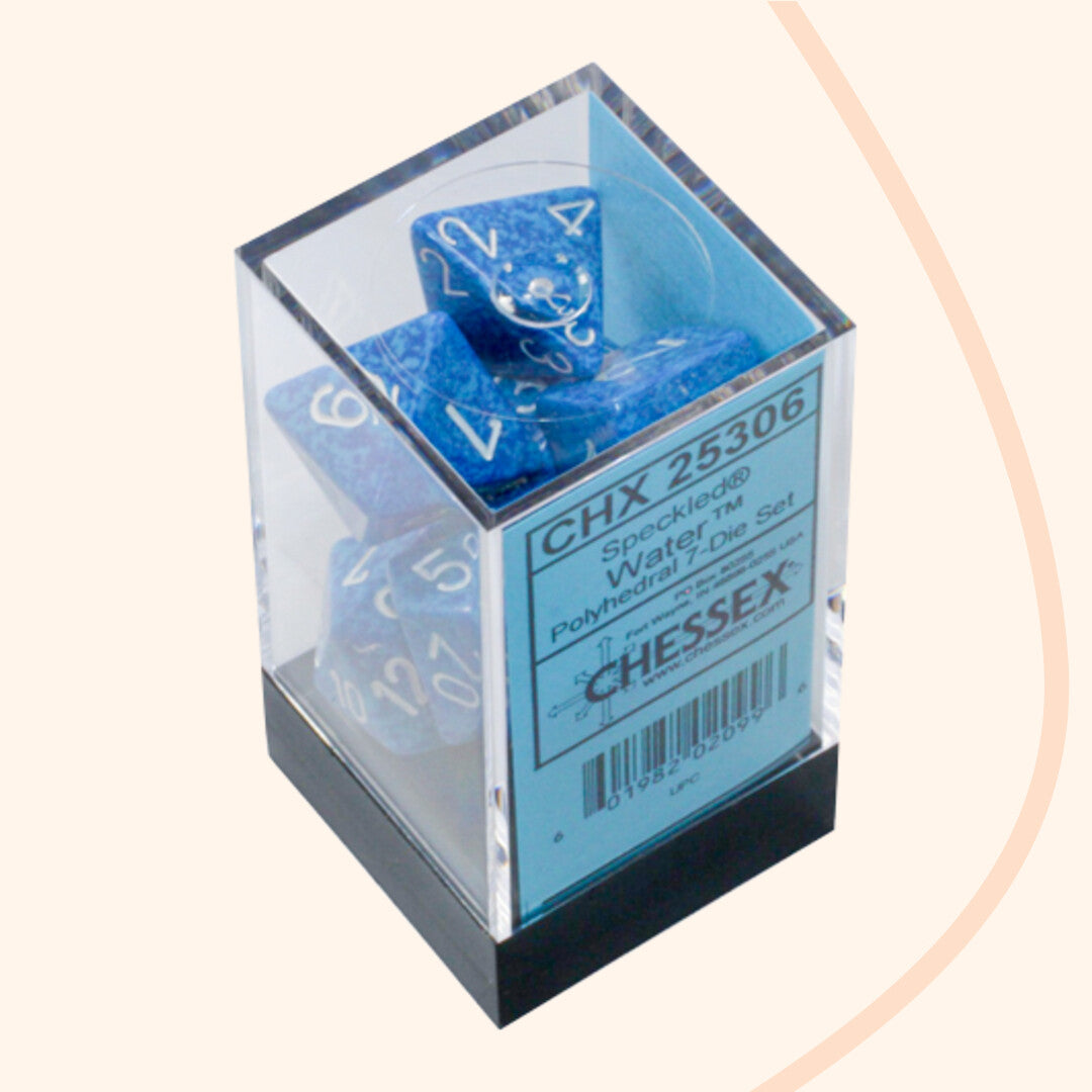 Chessex opaque set 7 polyhedral dobbelstenen, water effet, blauw wit, in doos