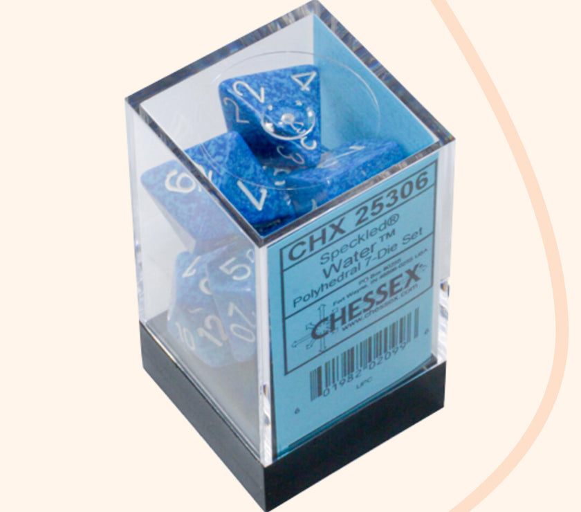 Chessex opaque set 7 polyhedral dobbelstenen, water effet, blauw wit, in doos