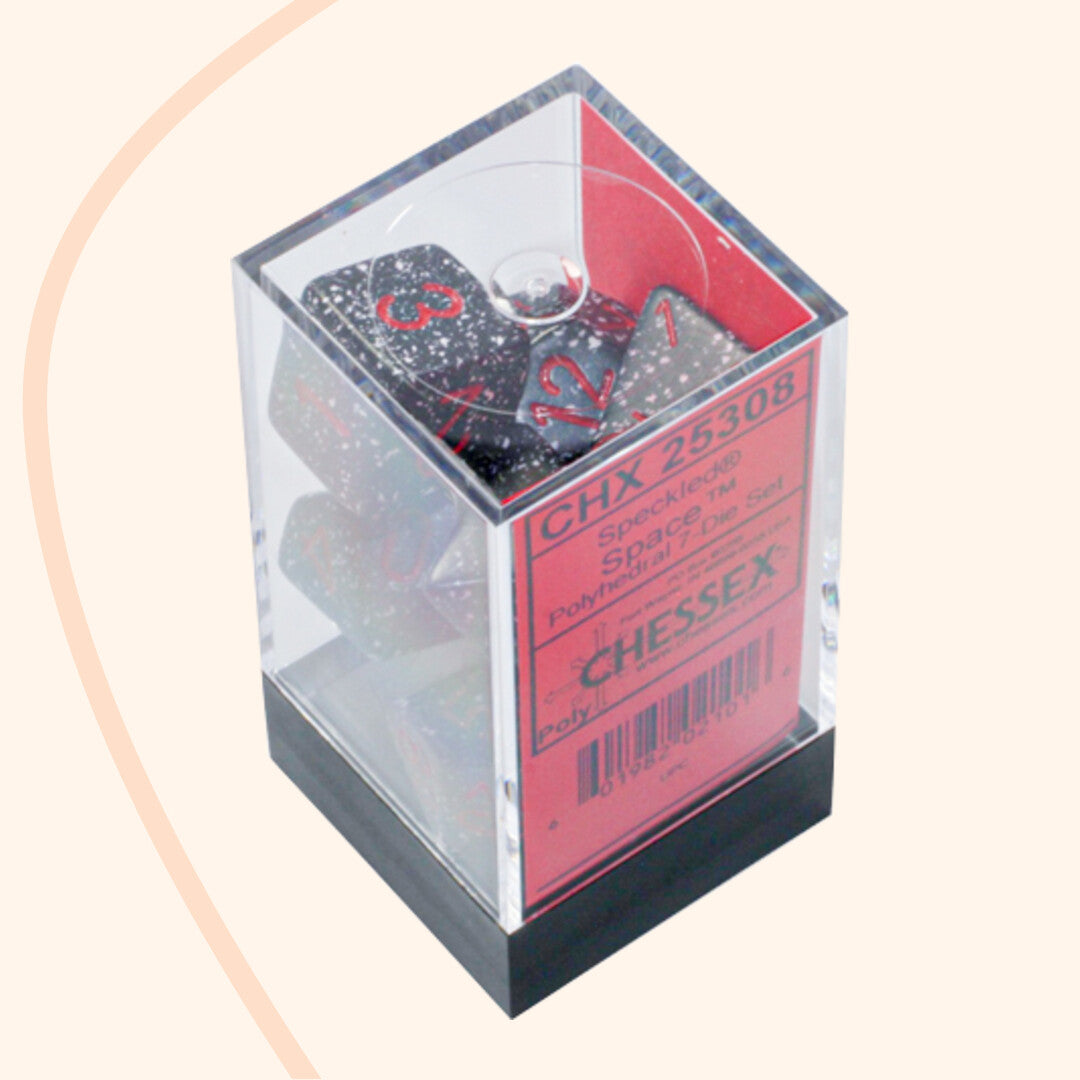 Chessex opaque set 7 polyhedral dobbelstenen, ruimte effect, zwart rood, in doos