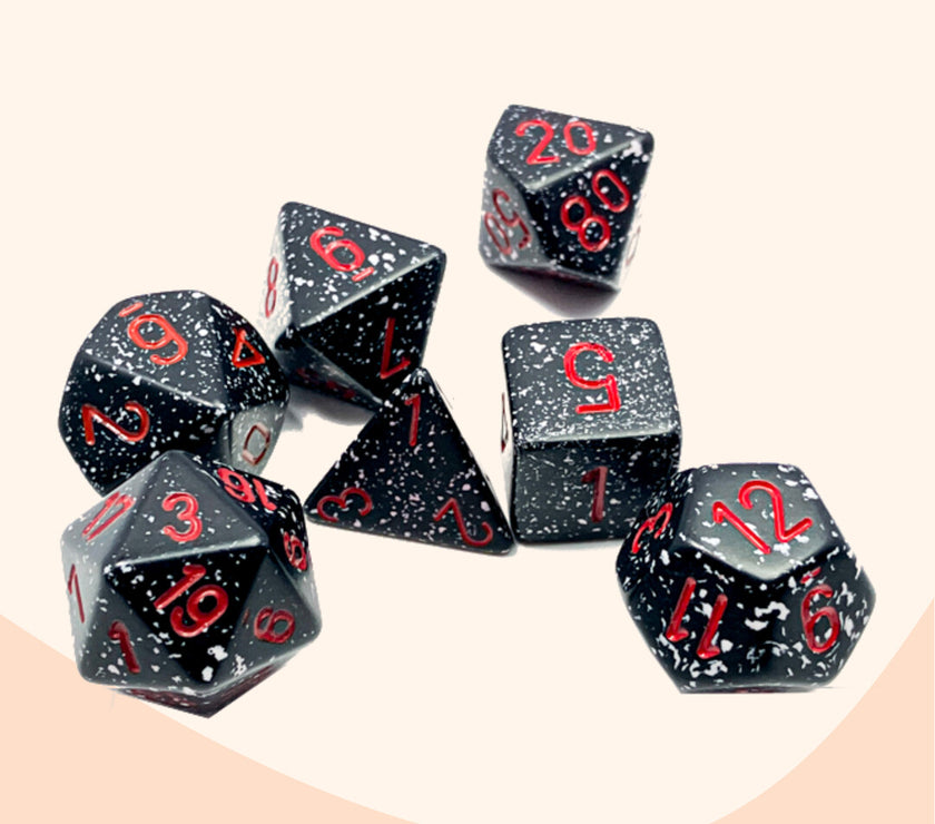 Chessex opaque set 7 polyhedral dobbelstenen Gestippeld ruimte zwart rood