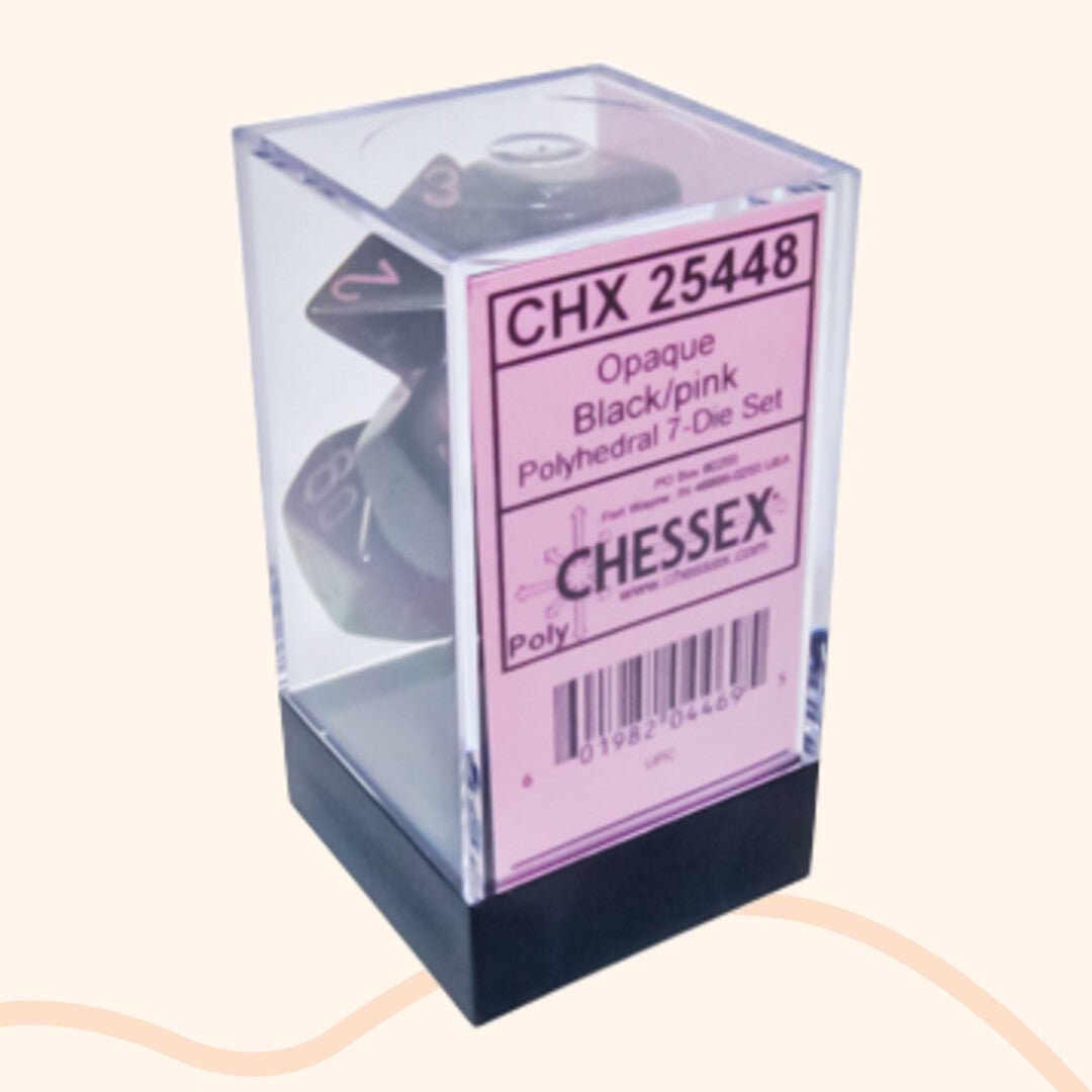 Chessex opaque set 7 polyhedral dobbelstenen zwart rood, doos