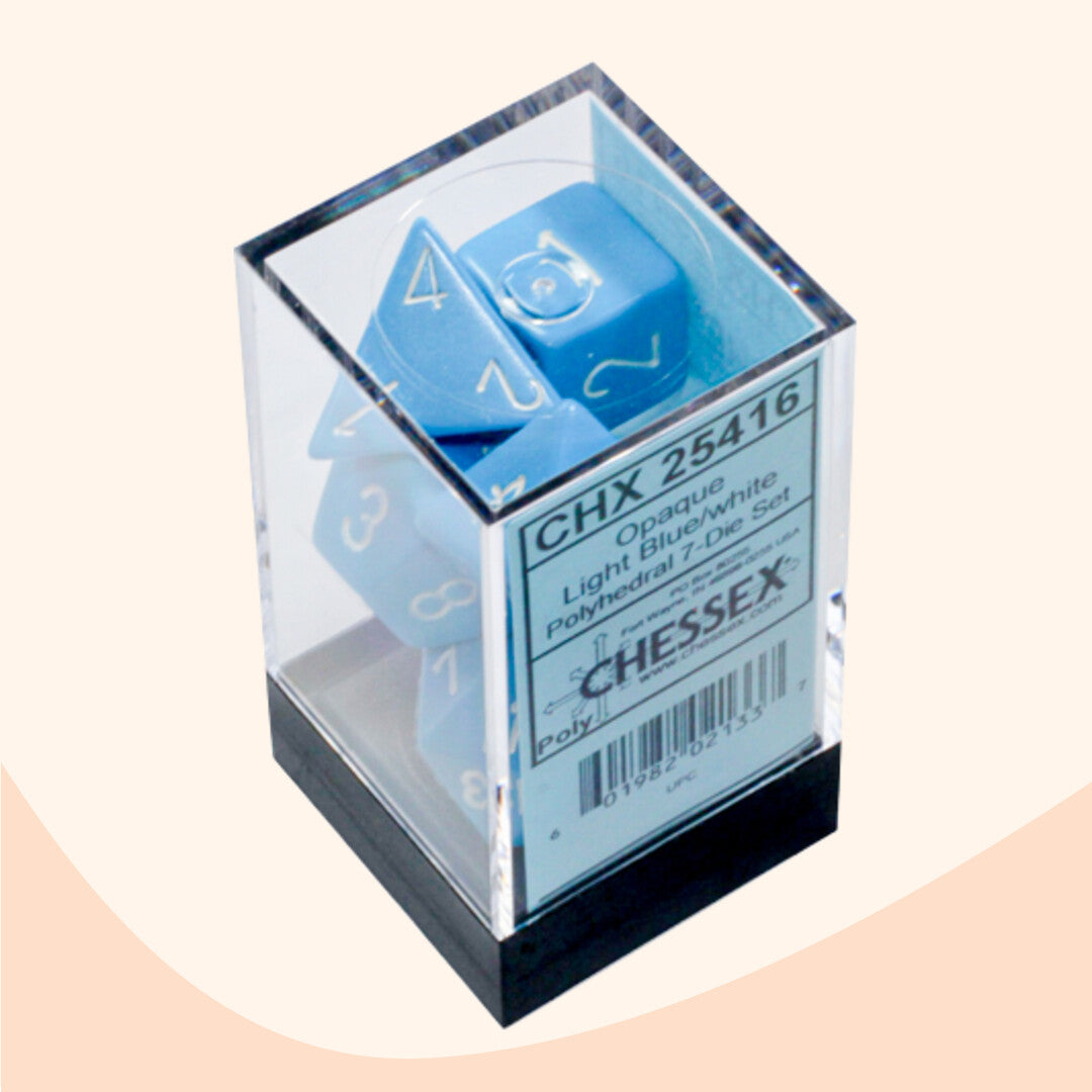 Chessex opaque set 7 polyhedral dobbelstenen blauw wit in doos