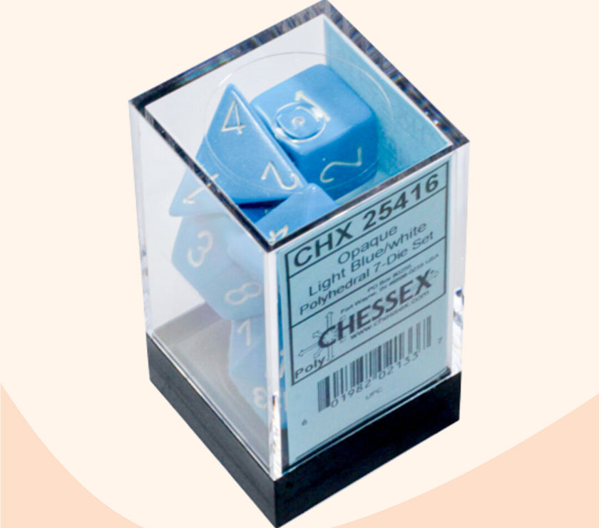 Chessex opaque set 7 polyhedral dobbelstenen blauw wit in doos