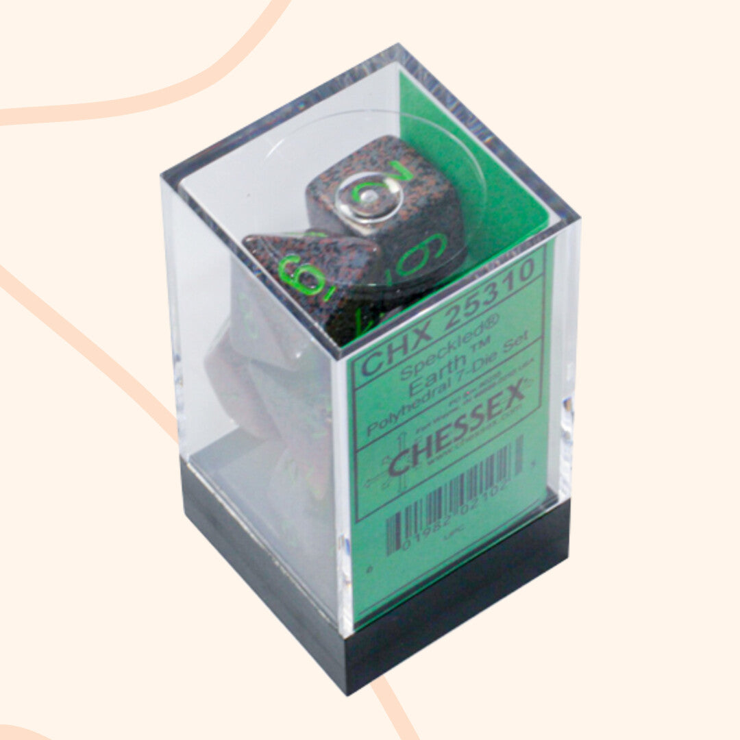 Chessex opaque set 7 polyhedral dobbelstenen, aarde effect, bruin groen, in doos