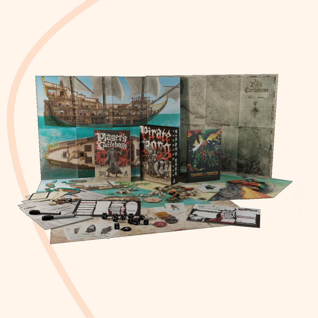 Pirate Borg Starter Set inhoud met onder andere dobbelstenen, boeken, kaarten en stiften. 